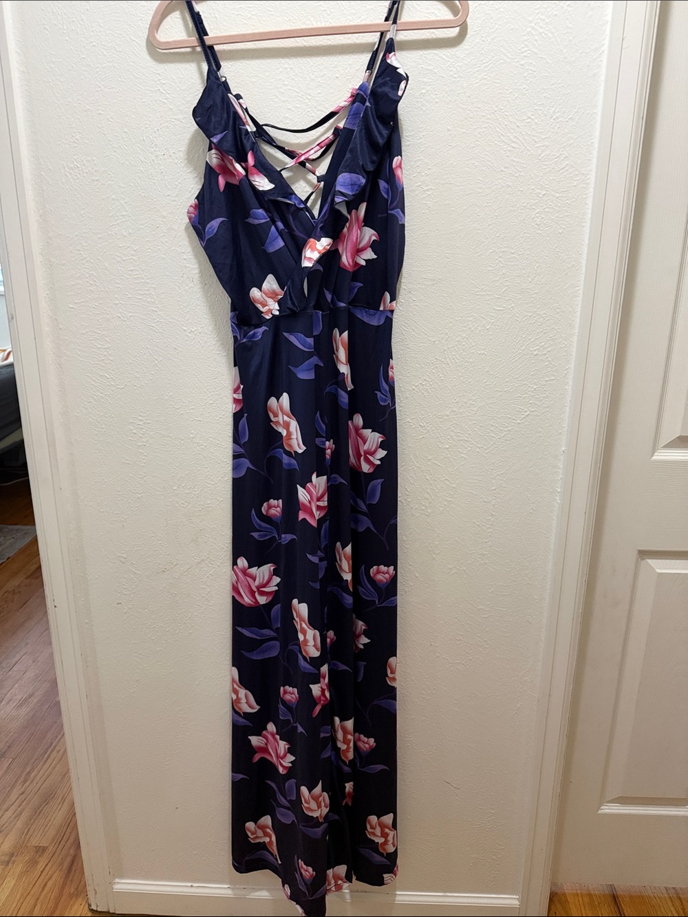 Floral Navy Blue Maxi Dress with Pink Accents